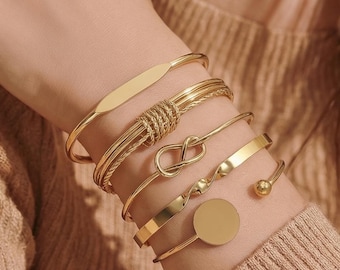 Gold Cuff Bracelet Set for Women – 5 Piece Vintage Bangle Stack | Wide Statement Jewelry | Luxury Birthday Gift for Her