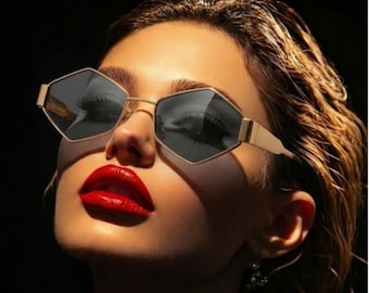 Geometric Sunglasses for Women – Gold Frame Black Lens | Designer Inspired Statement Shades | Trendy UV Fashion Eyewear