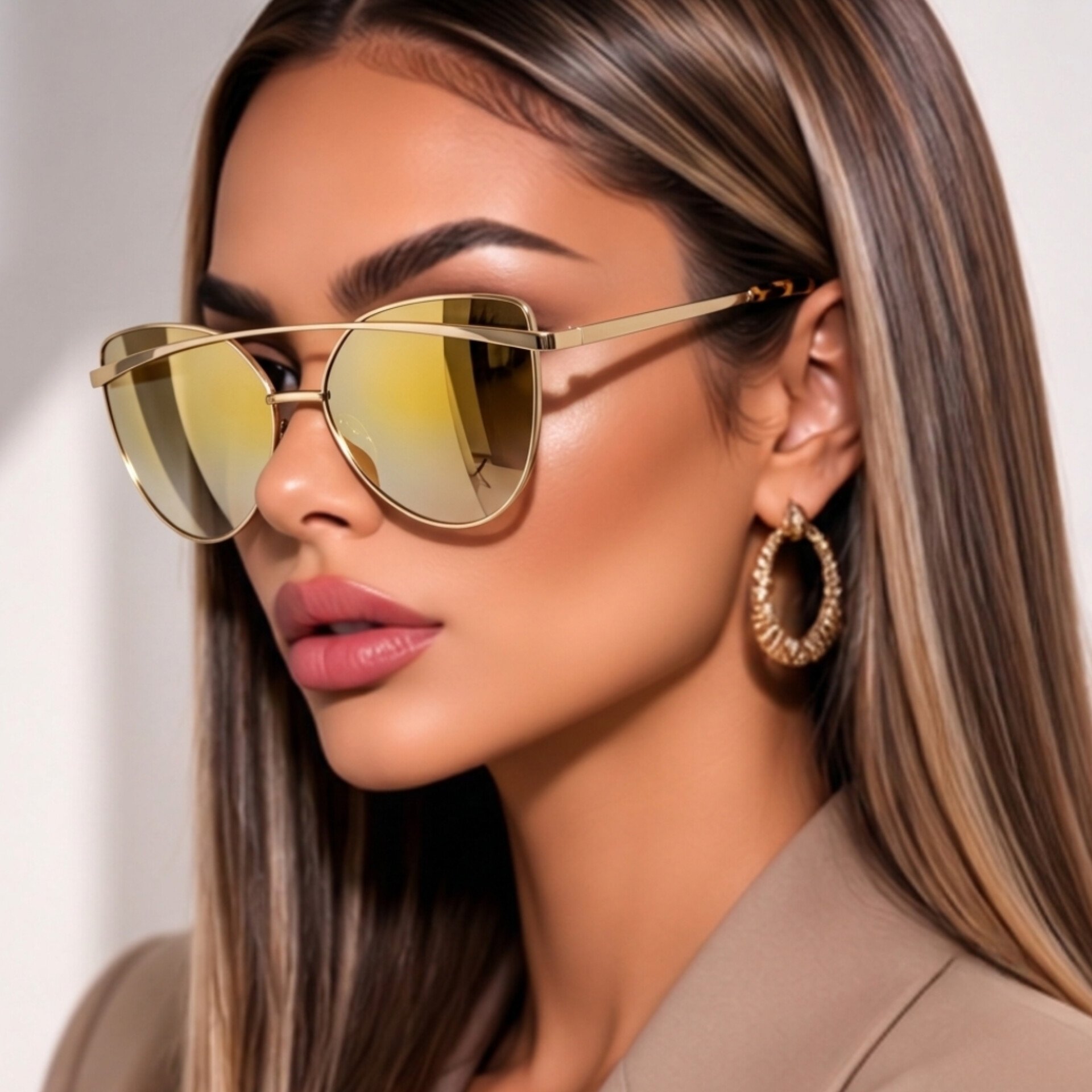 Brown Gold Cat Eye Sunglasses for Women, Flat Reflective Multicolor Lenses