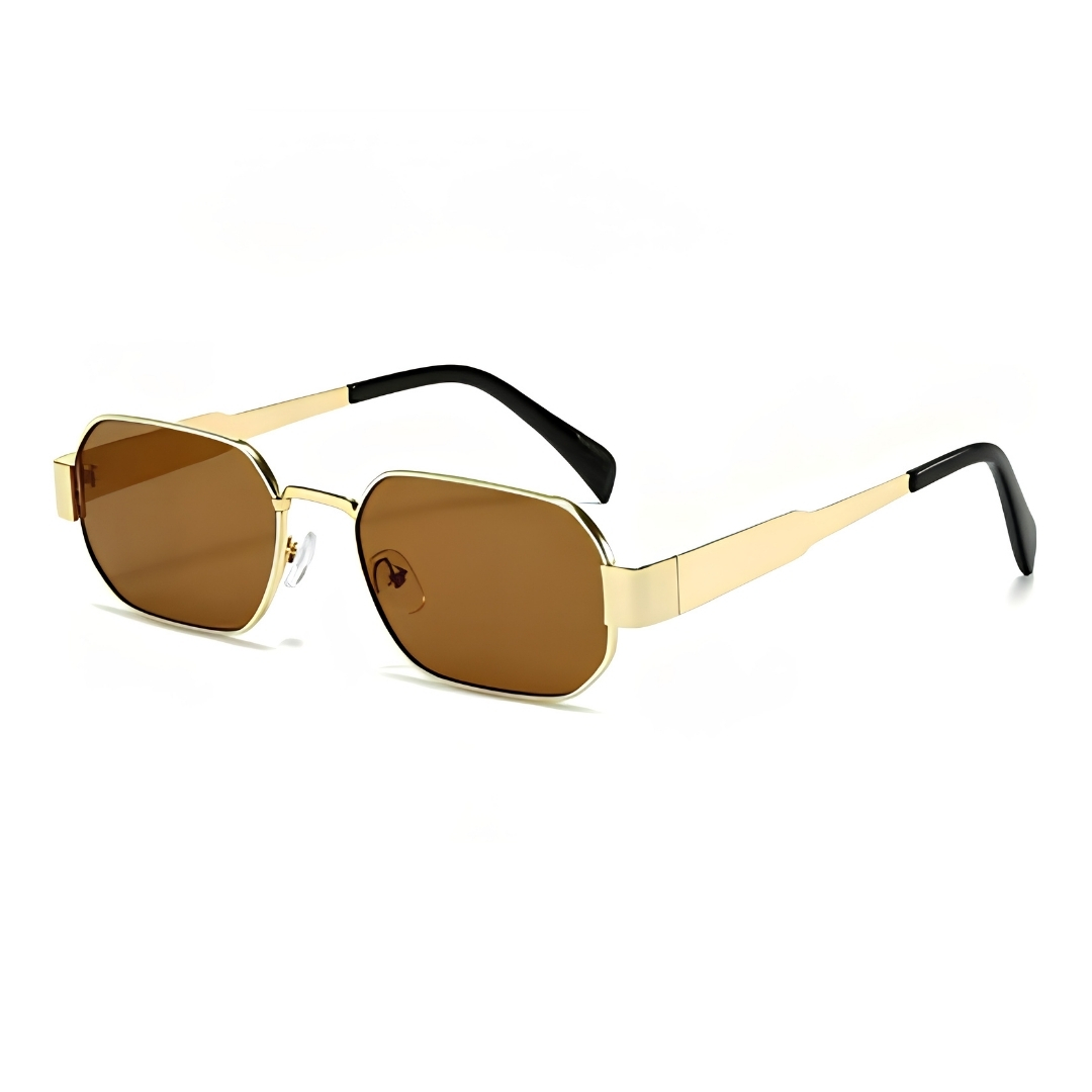 Retro Rectangle Sunglasses with Gold Metal Frame, Black UV400 Lenses